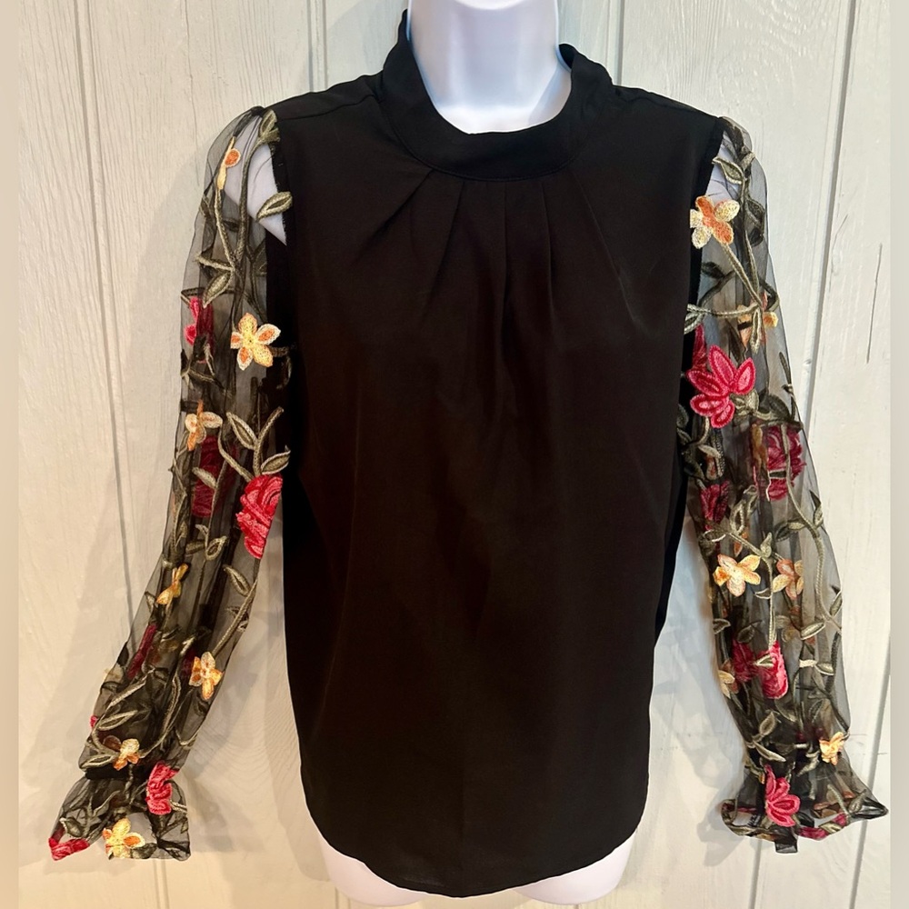 Elegant Black Blouse with Floral Embroidered Sleeves - FINAL PRICE